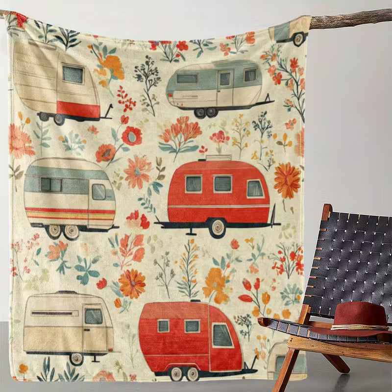 Vintage RV Camper Floral Fleece Blanket