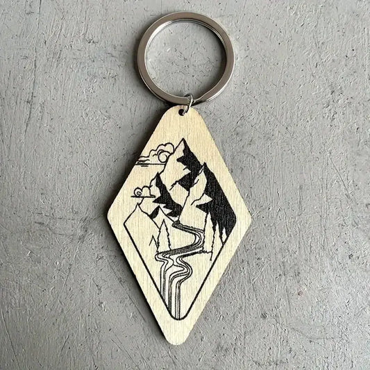 Mountain River Scene Wood Keychain